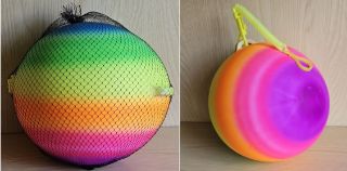 Obrázek z Míč 21cm duhový na pružince v síťce 